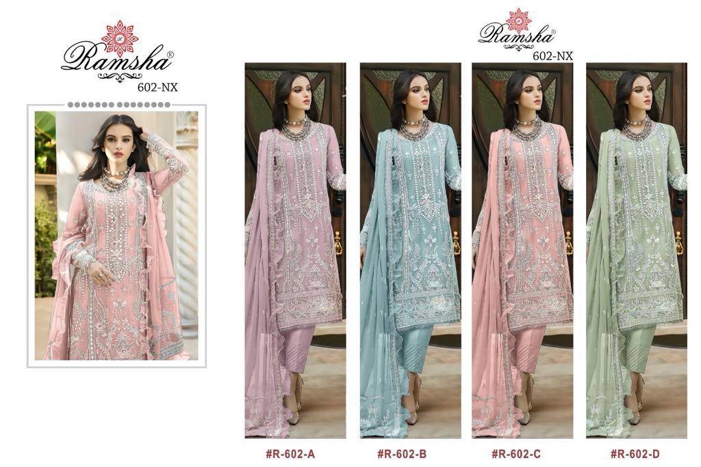 Ramsha 602 Colours By Ramsha 602-A To 602-D Series Beautiful Pakistani Suits Colorful Stylish Fancy Casual Wear Pure Georgette Embroidered Dresses At Wholesale Price