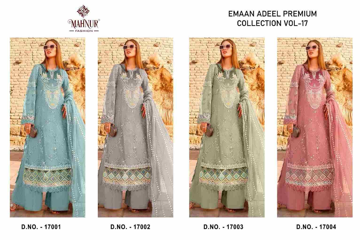 Emaan Adeel Premium Collection Vol-17 By Mahnur Fashion 17001 To 17004 Series Beautiful Stylish Pakistani Suits Fancy Colorful Casual Wear & Ethnic Wear & Ready To Wear Organza Embroidered Dresses At Wholesale Price