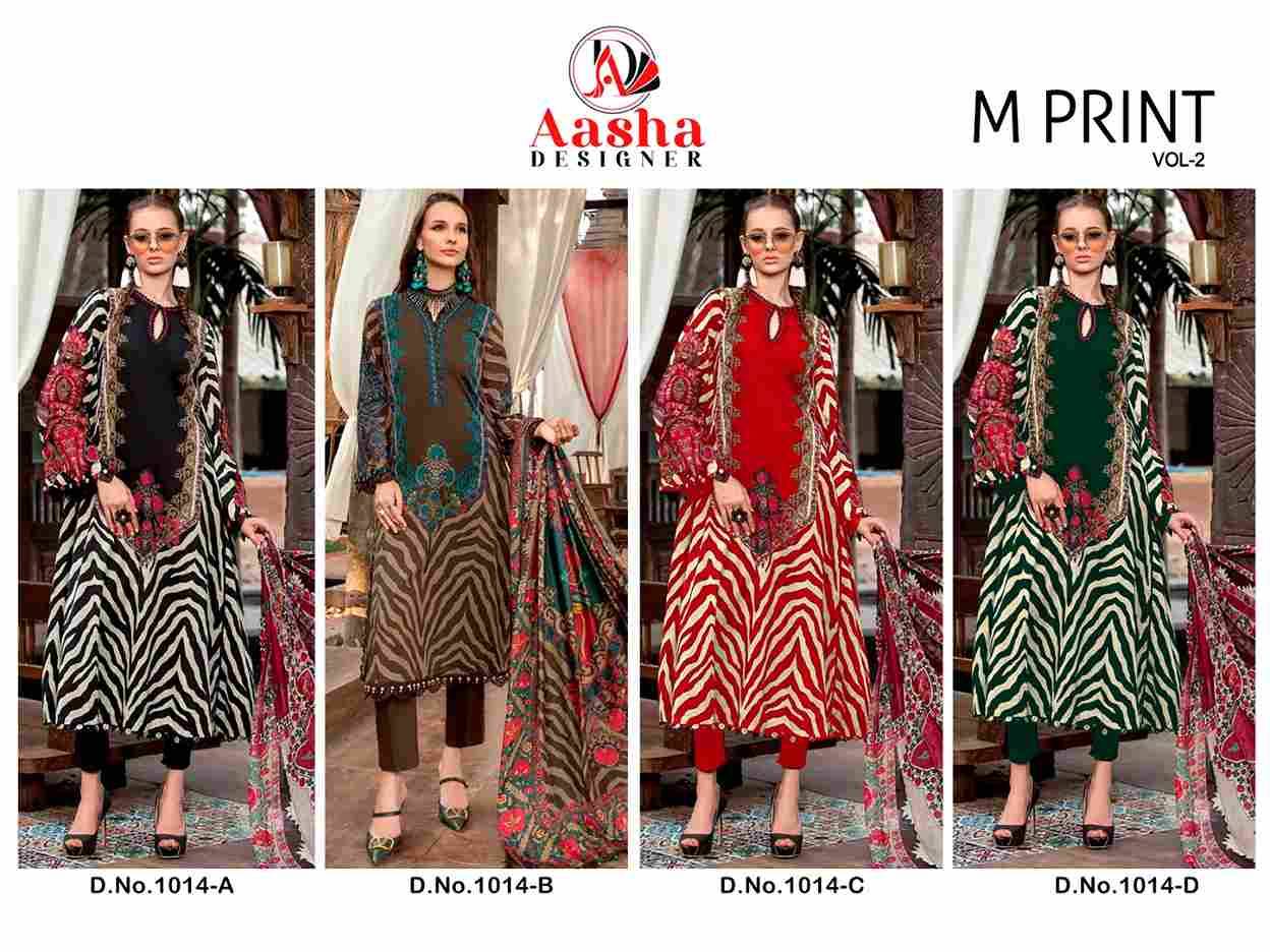 M Print Vol-2 Colours By Aasha Designer 1014-A To 1014-D Series Beautiful Pakistani Suits Colorful Stylish Fancy Casual Wear & Ethnic Wear Pure Cotton Print With Embroidered Dresses At Wholesale Price