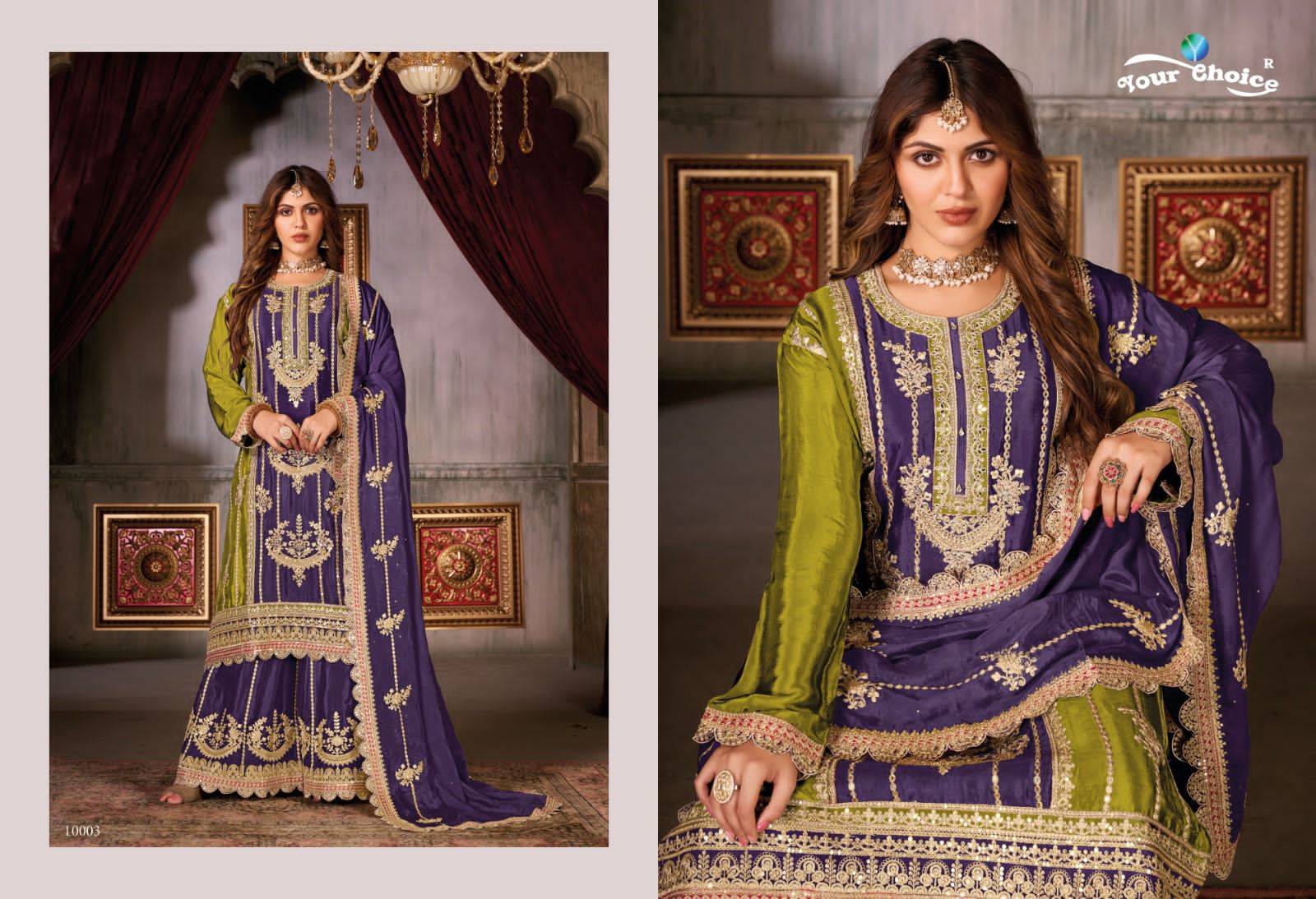 Glossy By Your Choice 10001 To 10004 Series Beautiful Sharara Suits Colorful Stylish Fancy Casual Wear & Ethnic Wear Chinnon Dresses At Wholesale Price
