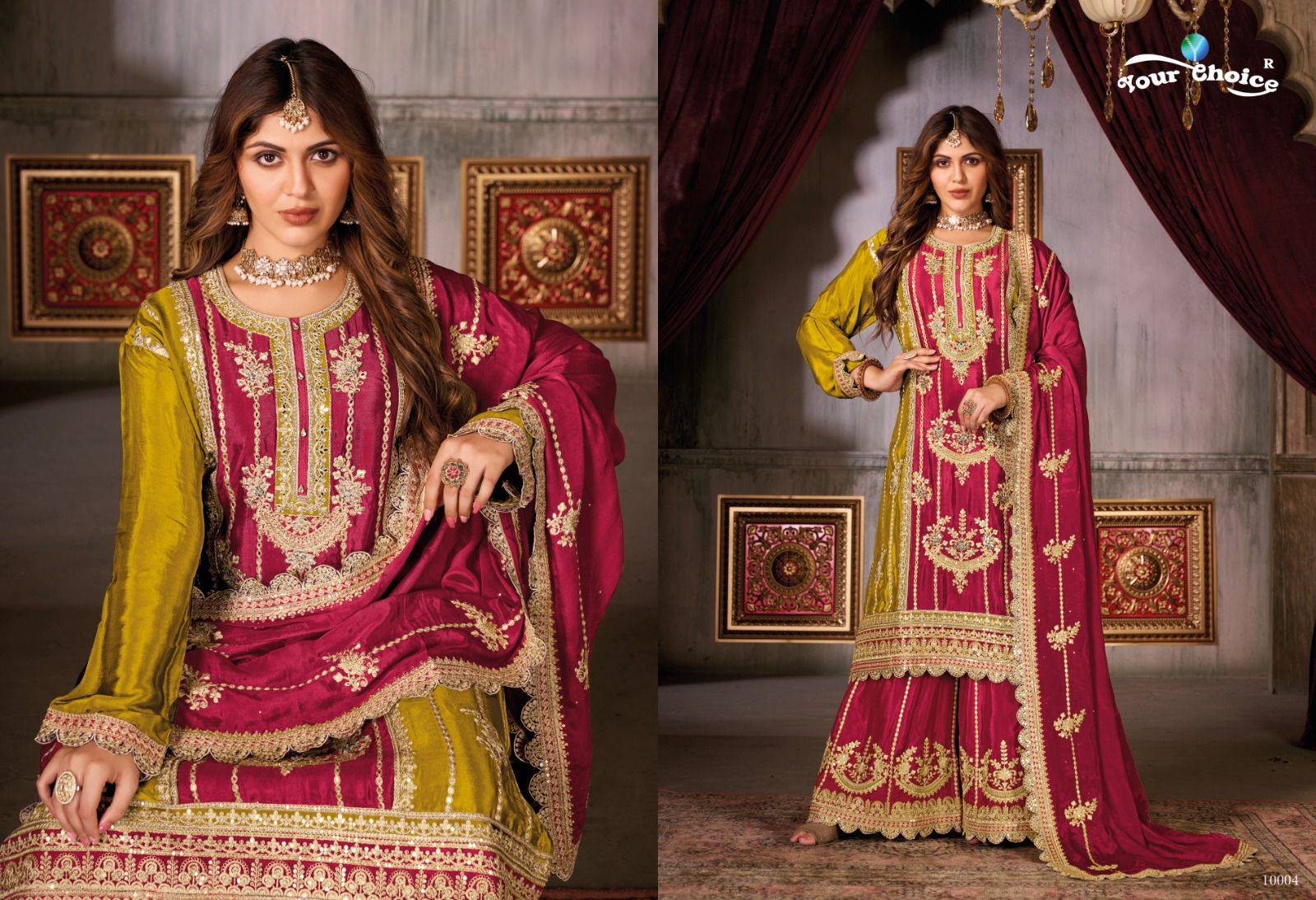 Glossy By Your Choice 10001 To 10004 Series Beautiful Sharara Suits Colorful Stylish Fancy Casual Wear & Ethnic Wear Chinnon Dresses At Wholesale Price