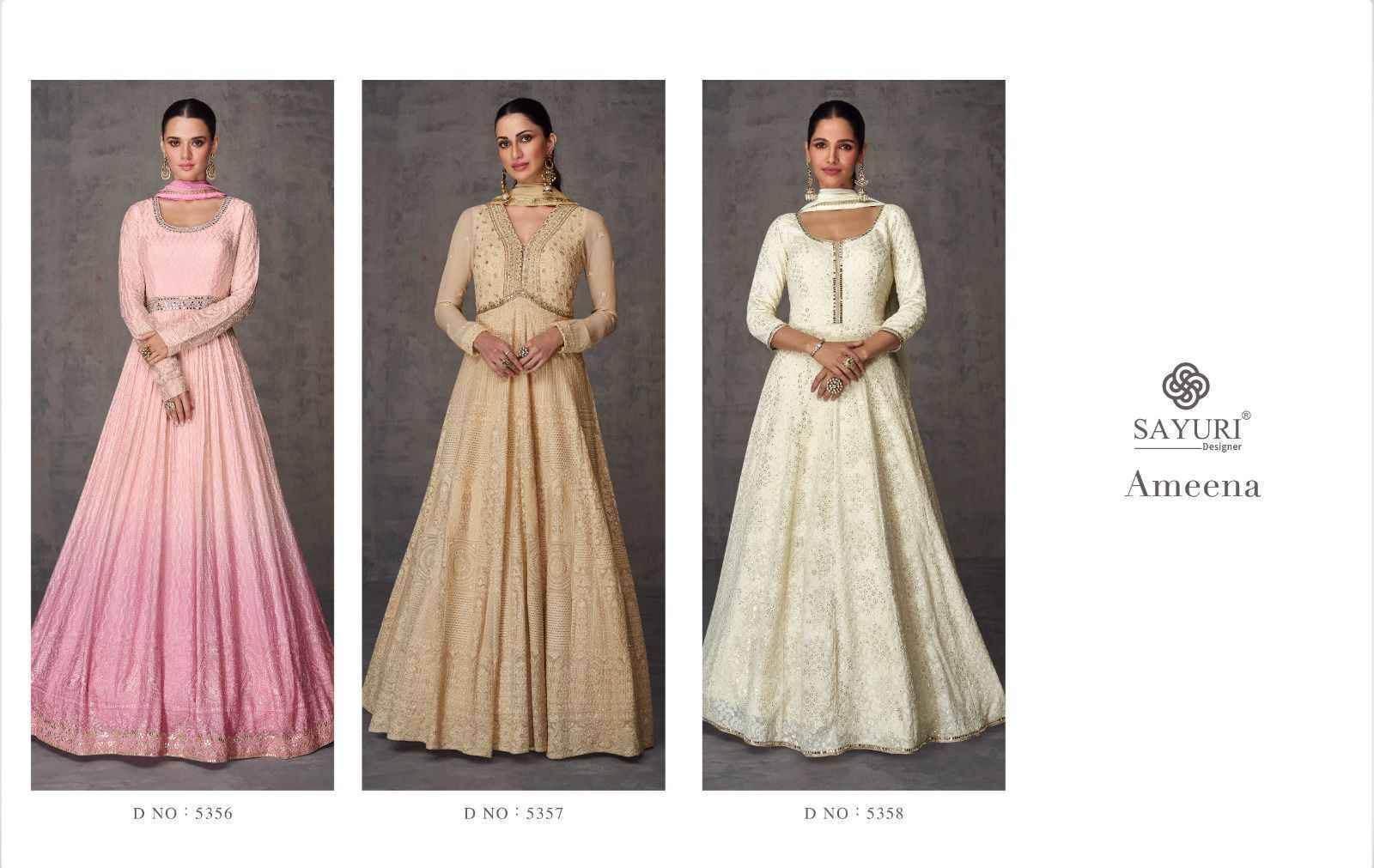 Ameena By Sayuri 5356 To 5358 Series Beautiful Stylish Fancy Colorful Casual Wear & Ethnic Wear Georgette Gowns With Dupatta At Wholesale Price