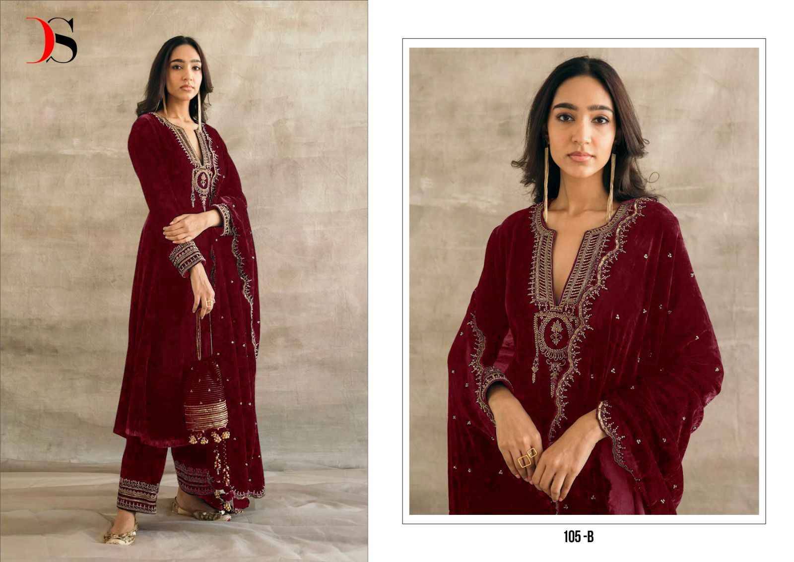 Deepsy Hit Design 105 Colours By Deepsy Suits 105-A To 105-C Series Designer Pakistani Suits Beautiful Fancy Stylish Colorful Party Wear & Occasional Wear Velvet Embroidery Dresses At Wholesale Price