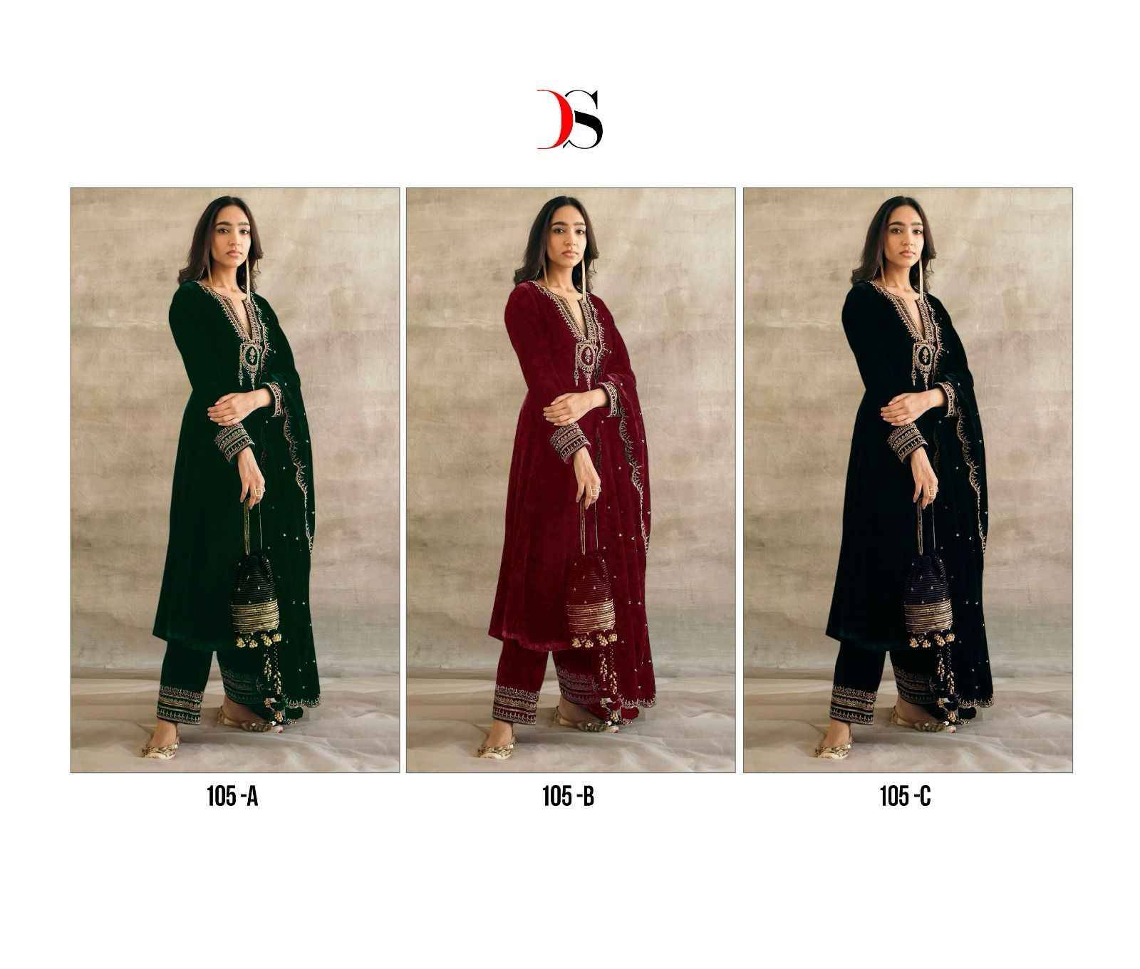 Deepsy Hit Design 105 Colours By Deepsy Suits 105-A To 105-C Series Designer Pakistani Suits Beautiful Fancy Stylish Colorful Party Wear & Occasional Wear Velvet Embroidery Dresses At Wholesale Price