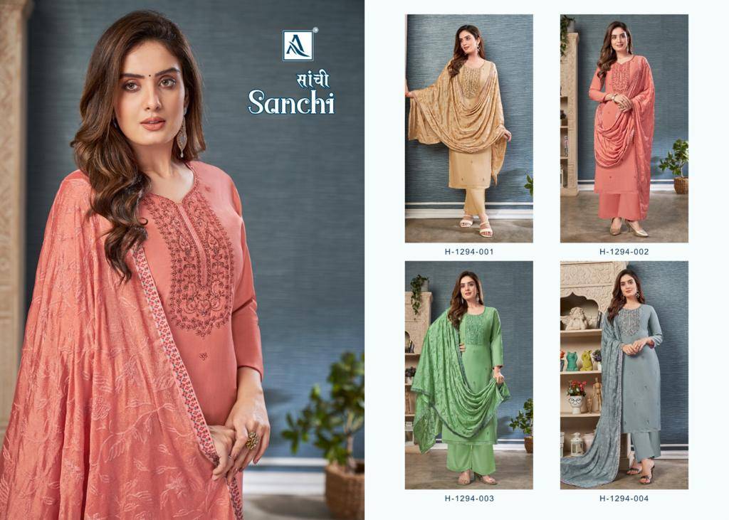Sanchi By Alok Suit 1294-001 To 1294-004 Series Beautiful Festive Suits Colorful Stylish Fancy Casual Wear & Ethnic Wear Pure Viscose Modal With Work Dresses At Wholesale Price