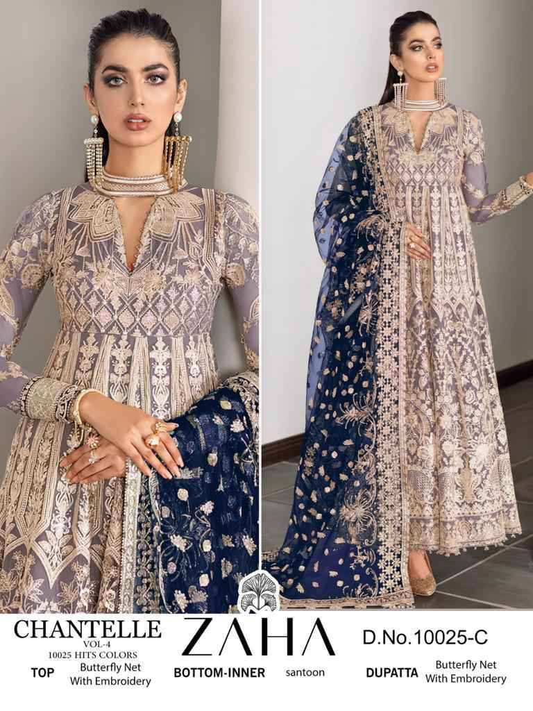 Chantelle Vol-4 Colours By Zaha 10025- A To 10025-D Series Designer Pakistani Suits Beautiful Fancy Stylish Colorful Party Wear & Occasional Wear Net With Embroidery Dresses At Wholesale Price