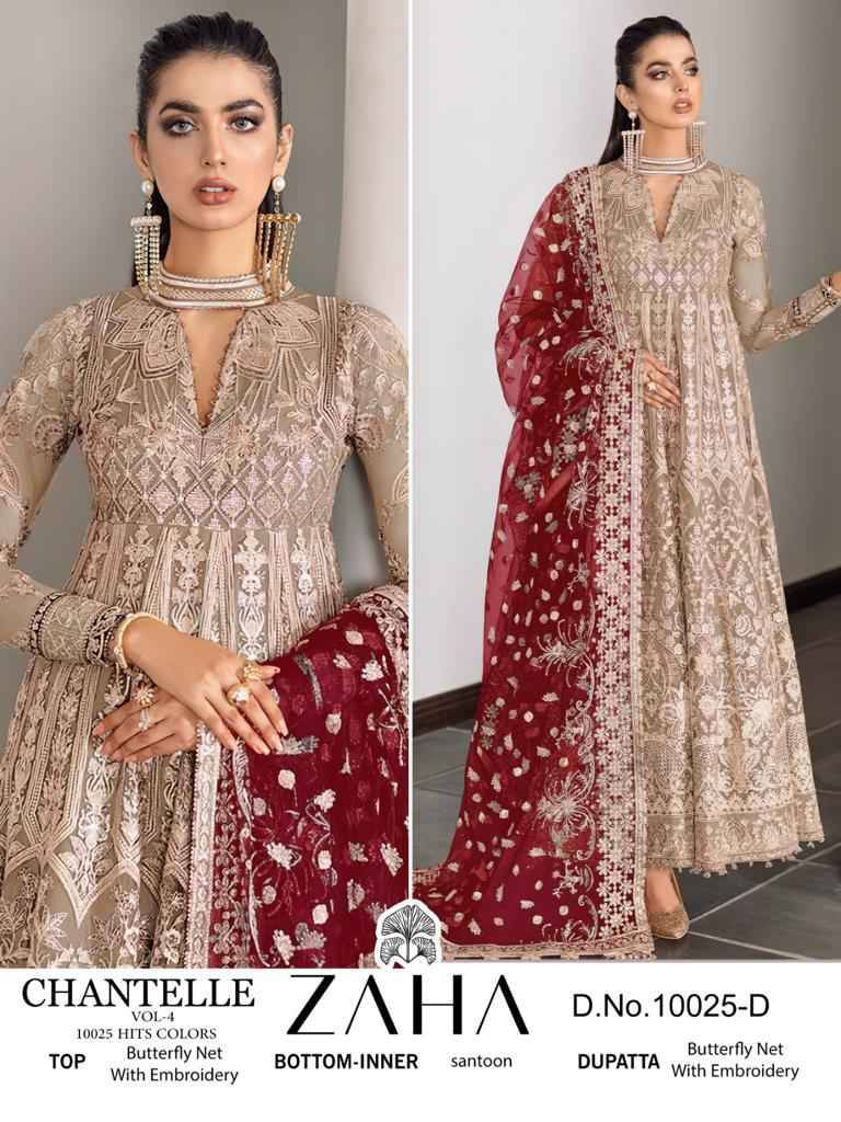 Chantelle Vol-4 Colours By Zaha 10025- A To 10025-D Series Designer Pakistani Suits Beautiful Fancy Stylish Colorful Party Wear & Occasional Wear Net With Embroidery Dresses At Wholesale Price