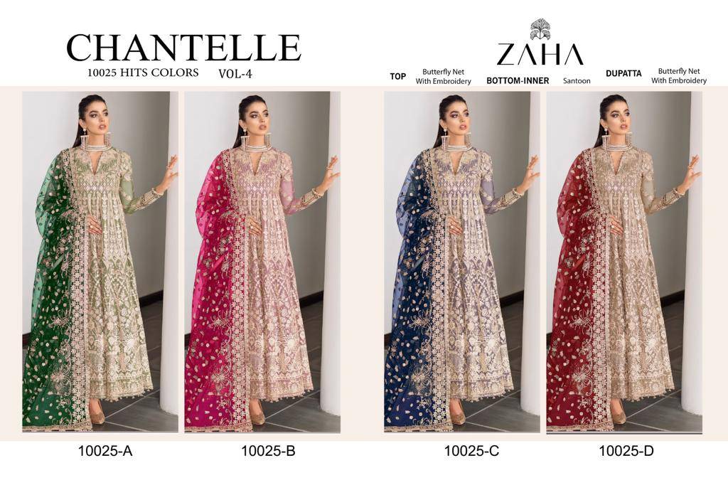 Chantelle Vol-4 Colours By Zaha 10025- A To 10025-D Series Designer Pakistani Suits Beautiful Fancy Stylish Colorful Party Wear & Occasional Wear Net With Embroidery Dresses At Wholesale Price