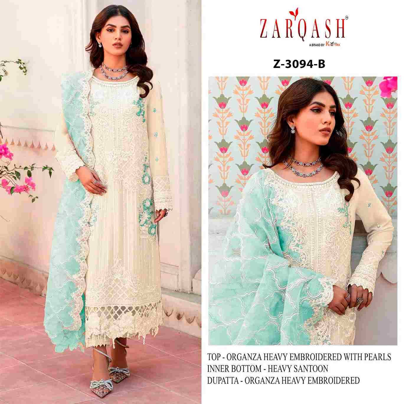 Zarqash Hit Design 3094 Colours By Zarqash 3094-A To 3094-D Series Beautiful Pakistani Suits Stylish Fancy Colorful Party Wear & Occasional Wear Organza Embroidered Dresses At Wholesale Price