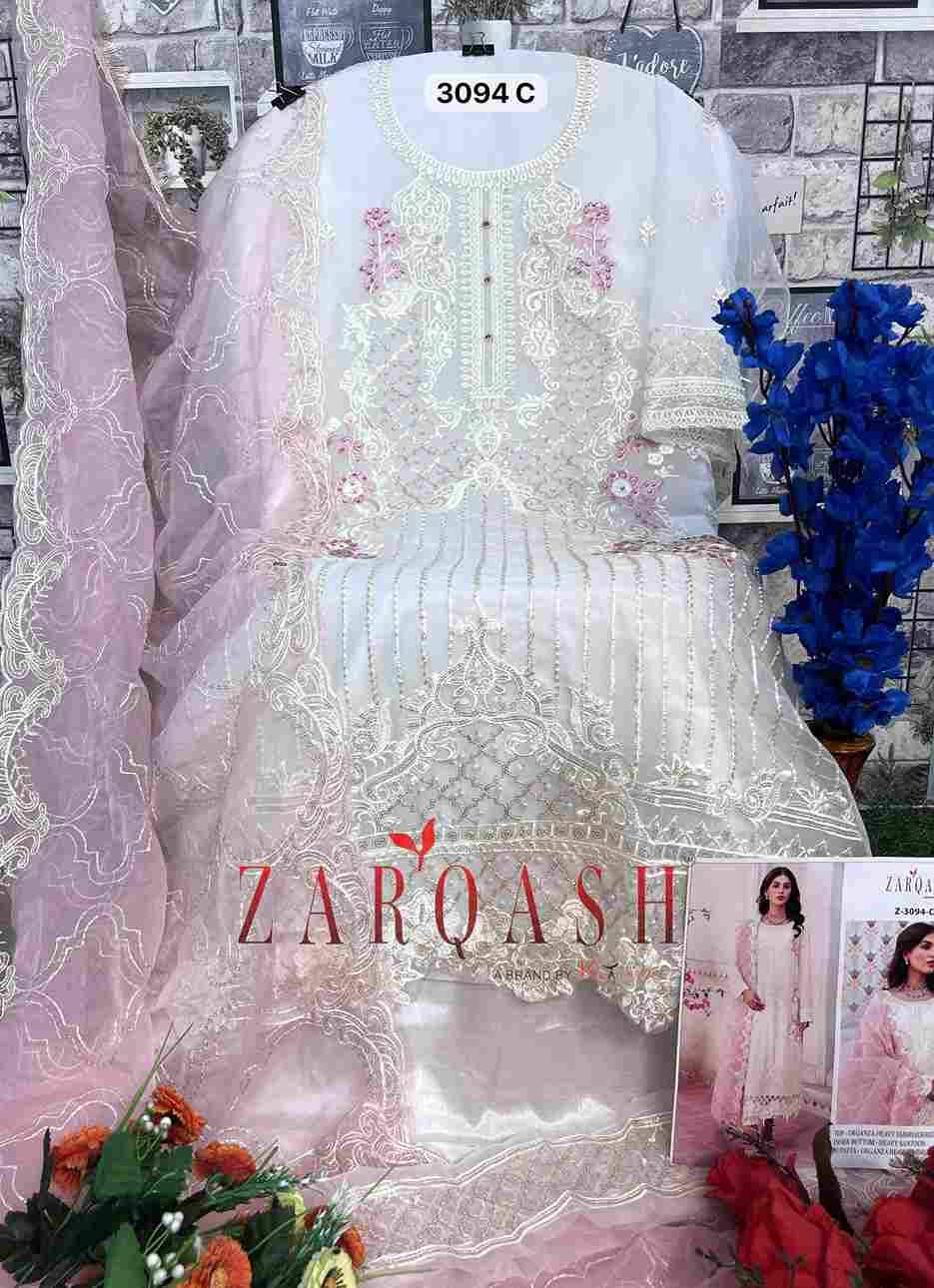 Zarqash Hit Design 3094 Colours By Zarqash 3094-A To 3094-D Series Beautiful Pakistani Suits Stylish Fancy Colorful Party Wear & Occasional Wear Organza Embroidered Dresses At Wholesale Price