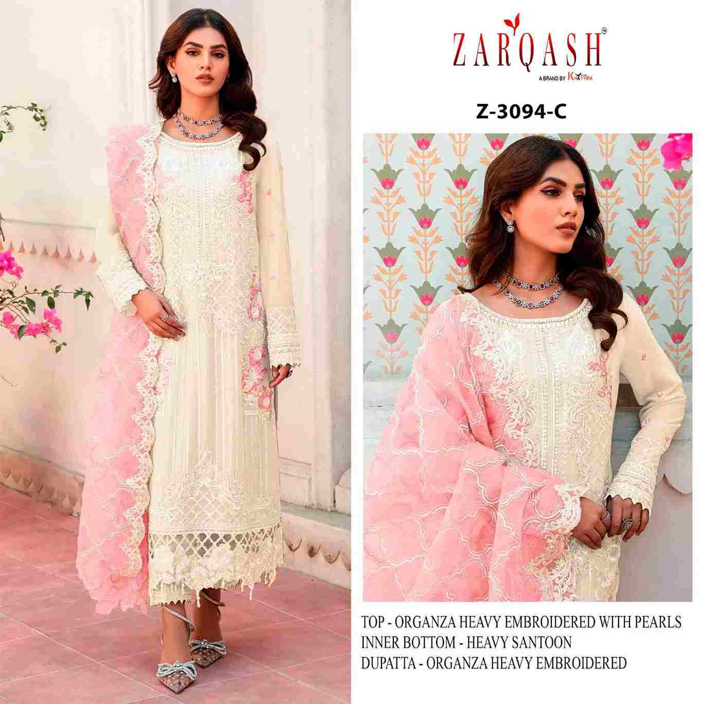 Zarqash Hit Design 3094 Colours By Zarqash 3094-A To 3094-D Series Beautiful Pakistani Suits Stylish Fancy Colorful Party Wear & Occasional Wear Organza Embroidered Dresses At Wholesale Price