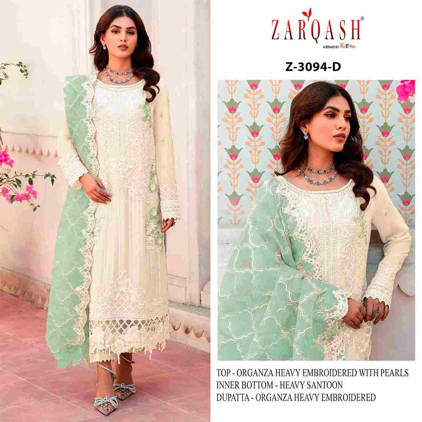 Zarqash Hit Design 3094 Colours By Zarqash 3094-A To 3094-D Series Beautiful Pakistani Suits Stylish Fancy Colorful Party Wear & Occasional Wear Organza Embroidered Dresses At Wholesale Price