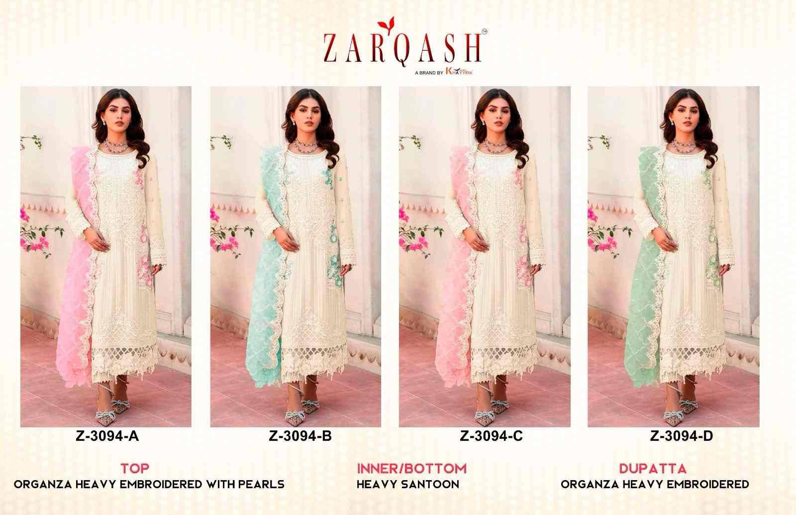 Zarqash Hit Design 3094 Colours By Zarqash 3094-A To 3094-D Series Beautiful Pakistani Suits Stylish Fancy Colorful Party Wear & Occasional Wear Organza Embroidered Dresses At Wholesale Price