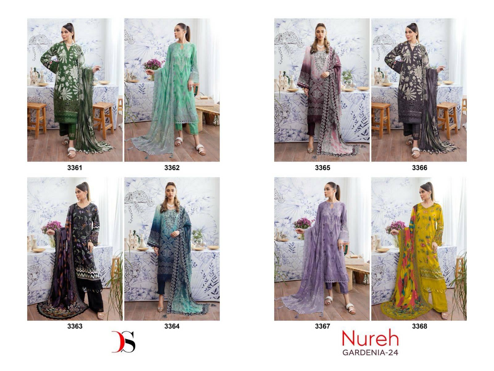 Nureh Gardenia-24 By Deepsy Suits 3361 To 3368 Series Designer Pakistani Suits Beautiful Fancy Stylish Colorful Party Wear & Occasional Wear Pure Cotton With Embroidery Dresses At Wholesale Price