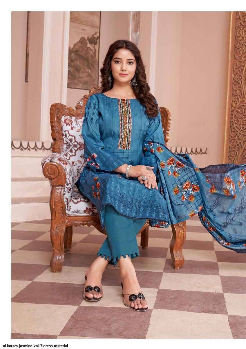 Jasmine Vol-3 By Al Karam Lawn Collection 3001 To 3008 Series Designer Festive Suits Beautiful Fancy Stylish Colorful Party Wear & Occasional Wear Pure Soft Cotton Printed Dresses At Wholesale Price