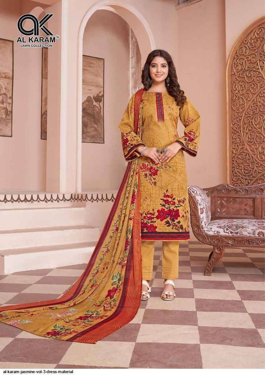 Jasmine Vol-3 By Al Karam Lawn Collection 3001 To 3008 Series Designer Festive Suits Beautiful Fancy Stylish Colorful Party Wear & Occasional Wear Pure Soft Cotton Printed Dresses At Wholesale Price