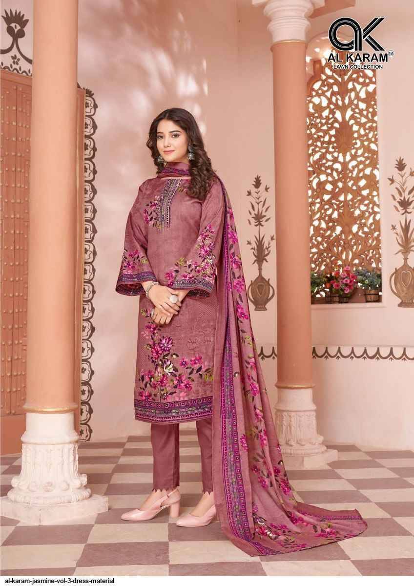 Jasmine Vol-3 By Al Karam Lawn Collection 3001 To 3008 Series Designer Festive Suits Beautiful Fancy Stylish Colorful Party Wear & Occasional Wear Pure Soft Cotton Printed Dresses At Wholesale Price