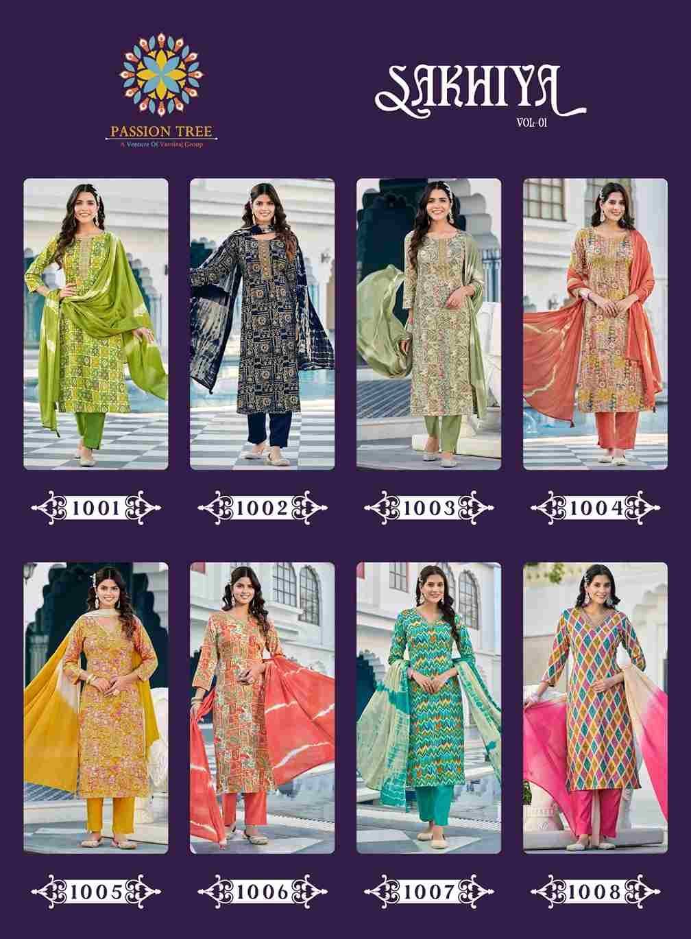 Sakhiya Vol-1 By Passion Tree 1001 To 1008 Series Beautiful Stylish Festive Suits Fancy Colorful Casual Wear & Ethnic Wear & Ready To Wear Rayon Print Dresses At Wholesale Price