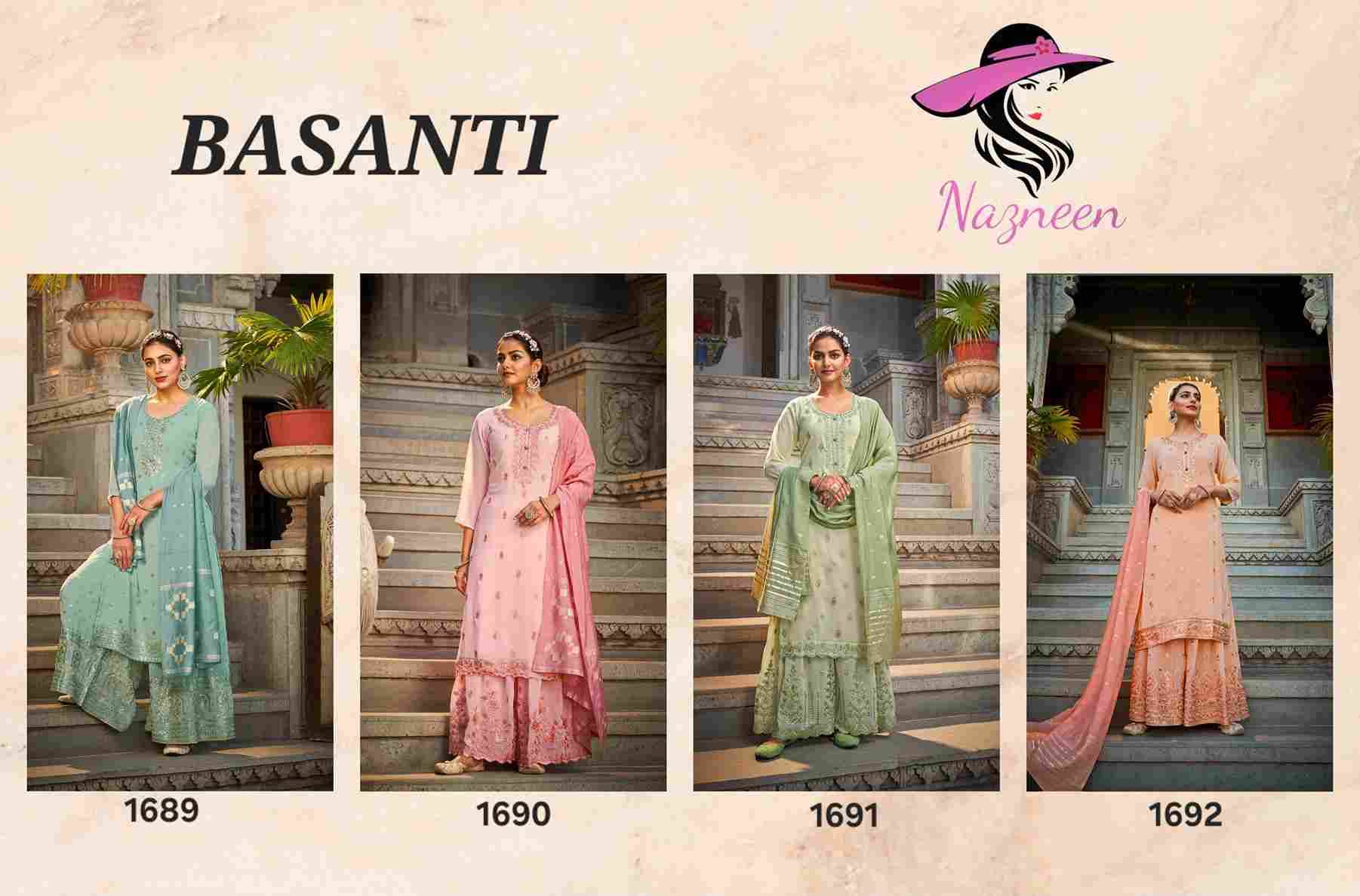Basanti By Nazneen 1689 To 1692 Series Beautiful Sharara Suits Colorful Stylish Fancy Casual Wear & Ethnic Wear Pure Georgette Embroidered Dresses At Wholesale Price