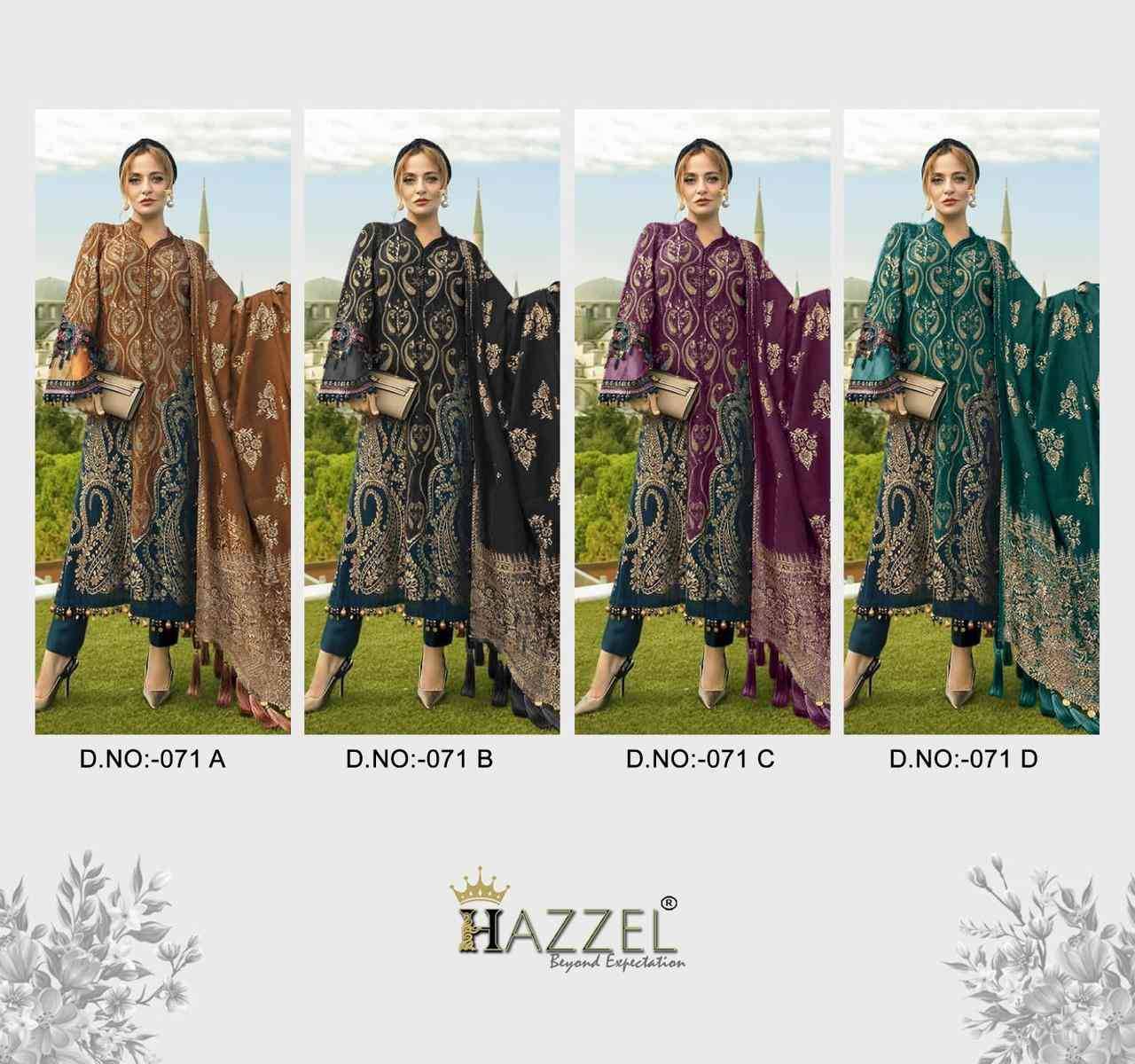 Hazzel 071 Colours By Hazzel 071-A To 071-D Series Pakistani Suits Collection Beautiful Stylish Fancy Colorful Party Wear & Occasional Wear Pure Cotton Print Dresses At Wholesale Price