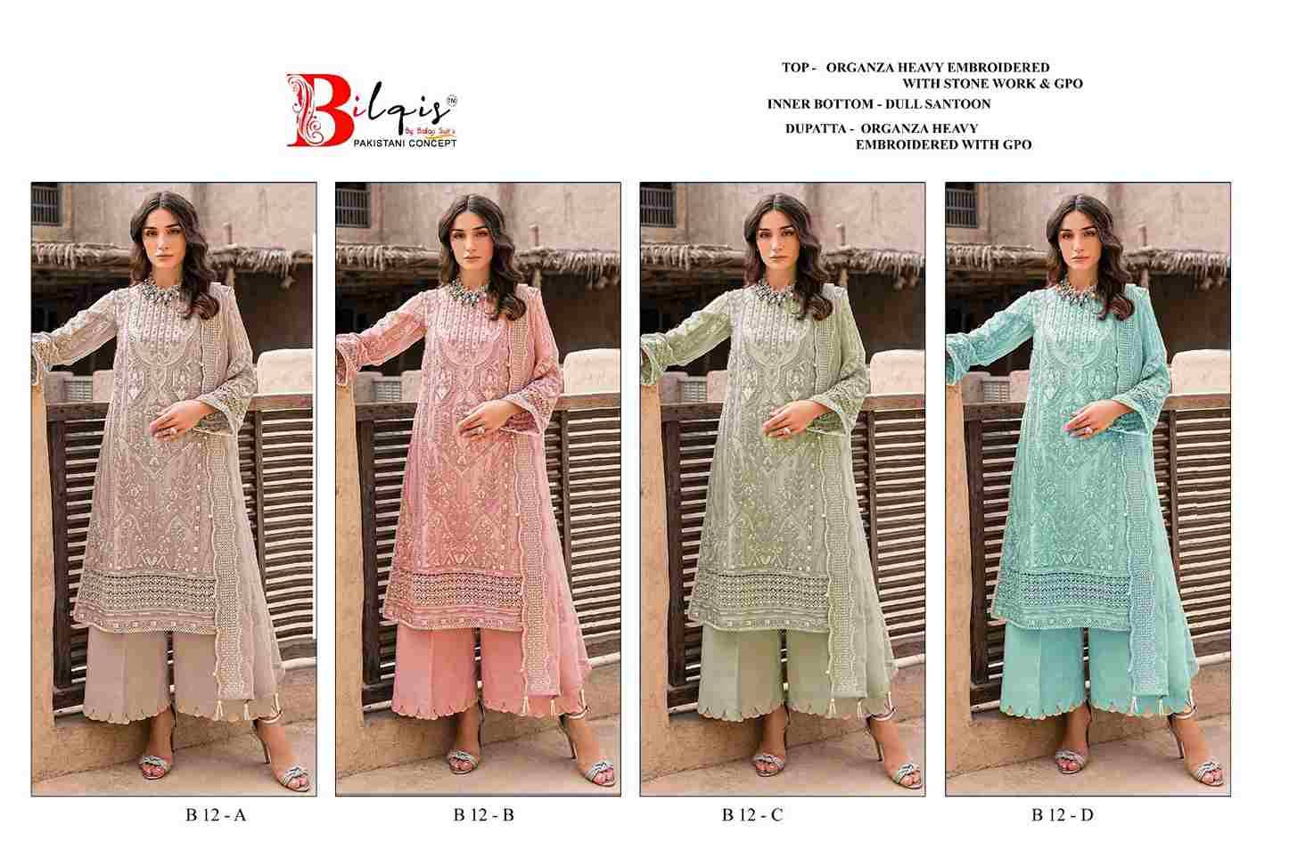 Bilqis 12 Colours By Bilqis 12-A To 12-D Series Beautiful Pakistani Suits Stylish Fancy Colorful Party Wear & Occasional Wear Organza Embroidery Dresses At Wholesale Price