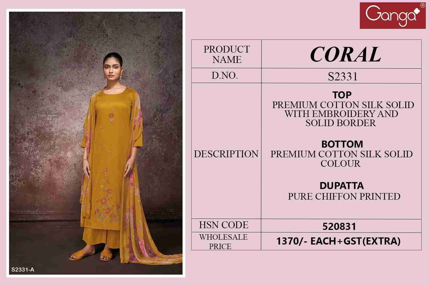 Coral-2331 By Ganga Fashion 2331-A To 2331-D Series Beautiful Festive Suits Colorful Stylish Fancy Casual Wear & Ethnic Wear Cotton Silk Dresses At Wholesale Price