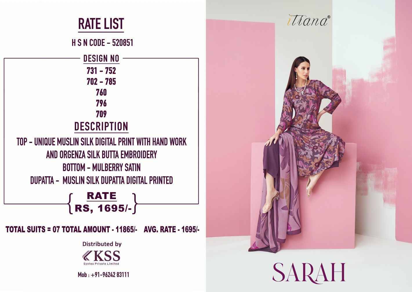 Sarah By Itrana Designer Festive Suits Beautiful Stylish Fancy Colorful Party Wear & Occasional Wear Muslin Silk Dresses At Wholesale Price