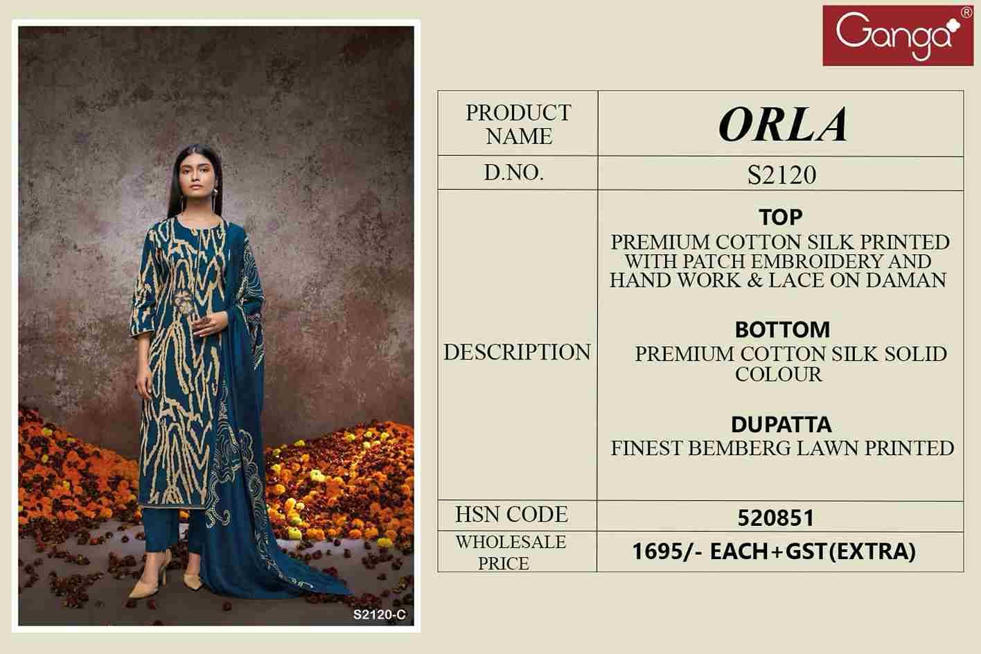 Orla-2120 By Ganga Fashion 2120-A To 2120-D Series Beautiful Festive Suits Colorful Stylish Fancy Casual Wear & Ethnic Wear Cotton Silk Dresses At Wholesale Price