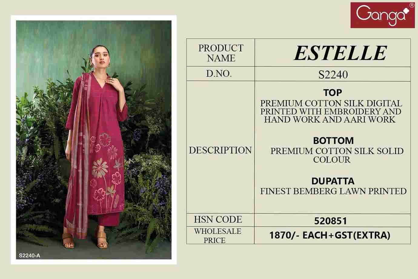 Estelle-2240 By Ganga Fashion 2240-A To 2240-D Series Beautiful Festive Suits Colorful Stylish Fancy Casual Wear & Ethnic Wear Cotton Silk Dresses At Wholesale Price