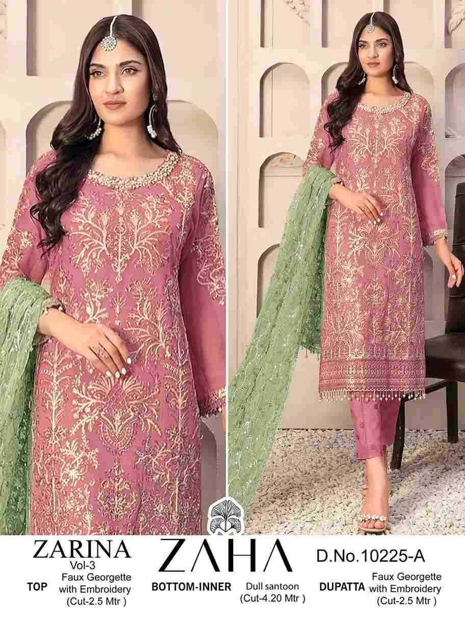 Zarina Vol-3 By Zaha 10225-A To 10225-C Series Beautiful Pakistani Suits Colorful Stylish Fancy Casual Wear & Ethnic Wear Faux Georgette With Embroidered Dresses At Wholesale Price