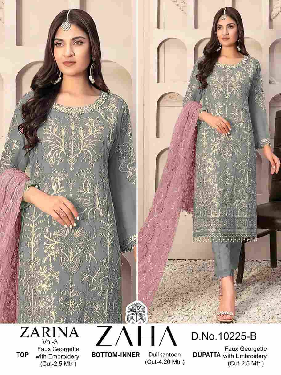 Zarina Vol-3 By Zaha 10225-A To 10225-C Series Beautiful Pakistani Suits Colorful Stylish Fancy Casual Wear & Ethnic Wear Faux Georgette With Embroidered Dresses At Wholesale Price