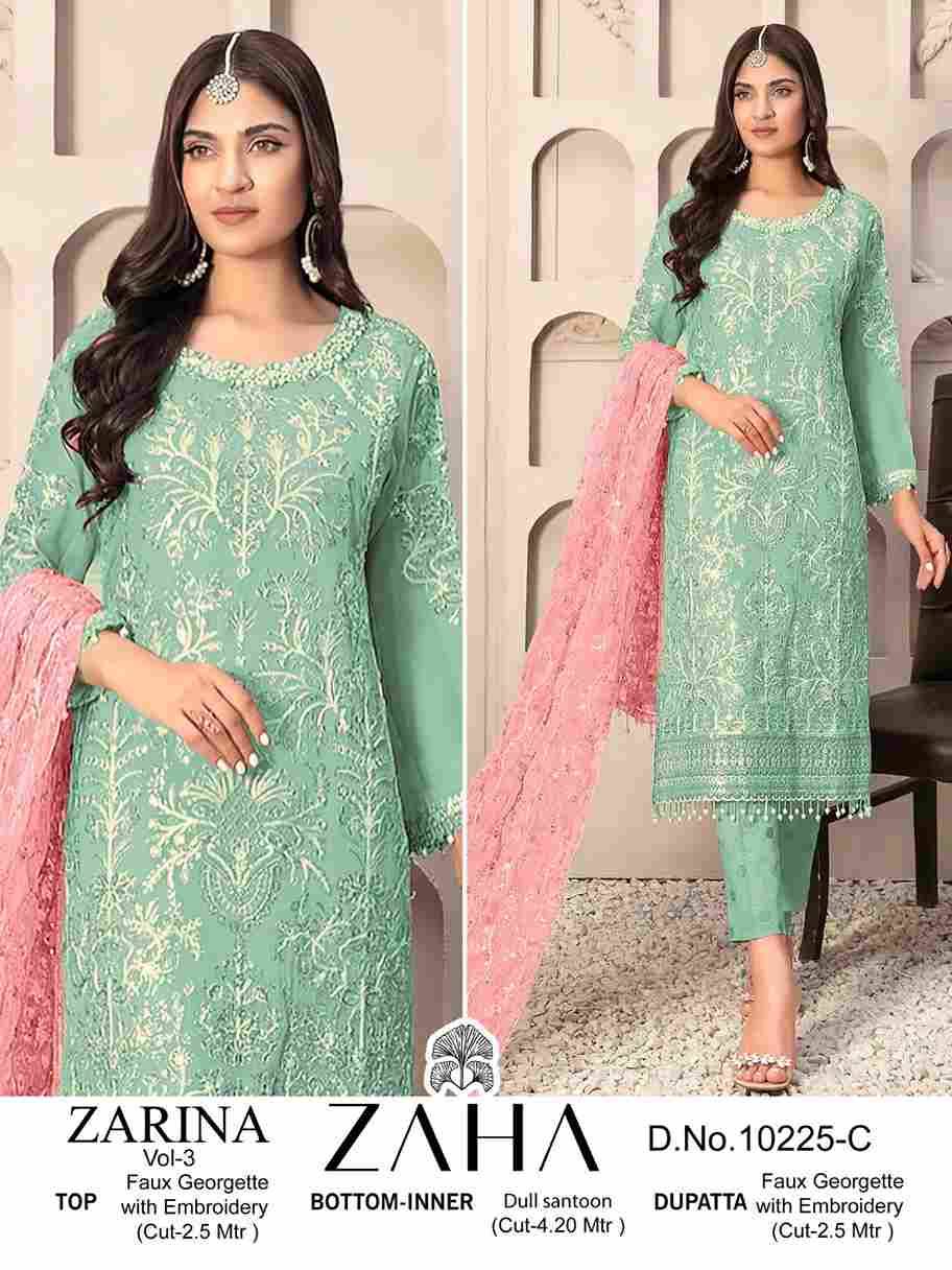 Zarina Vol-3 By Zaha 10225-A To 10225-C Series Beautiful Pakistani Suits Colorful Stylish Fancy Casual Wear & Ethnic Wear Faux Georgette With Embroidered Dresses At Wholesale Price