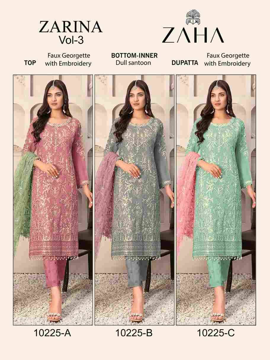 Zarina Vol-3 By Zaha 10225-A To 10225-C Series Beautiful Pakistani Suits Colorful Stylish Fancy Casual Wear & Ethnic Wear Faux Georgette With Embroidered Dresses At Wholesale Price