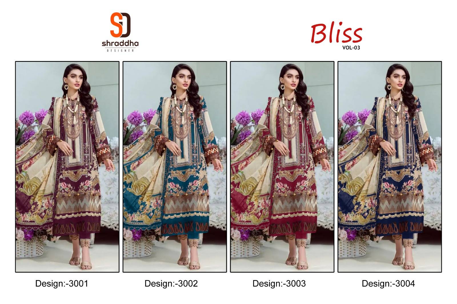 Bliss Vol-3 By Shraddha Designer 3001 To 3004 Series Beautiful Festive Suits Colorful Stylish Fancy Casual Wear & Ethnic Wear Lawn Cotton Embroidered Dresses At Wholesale Price