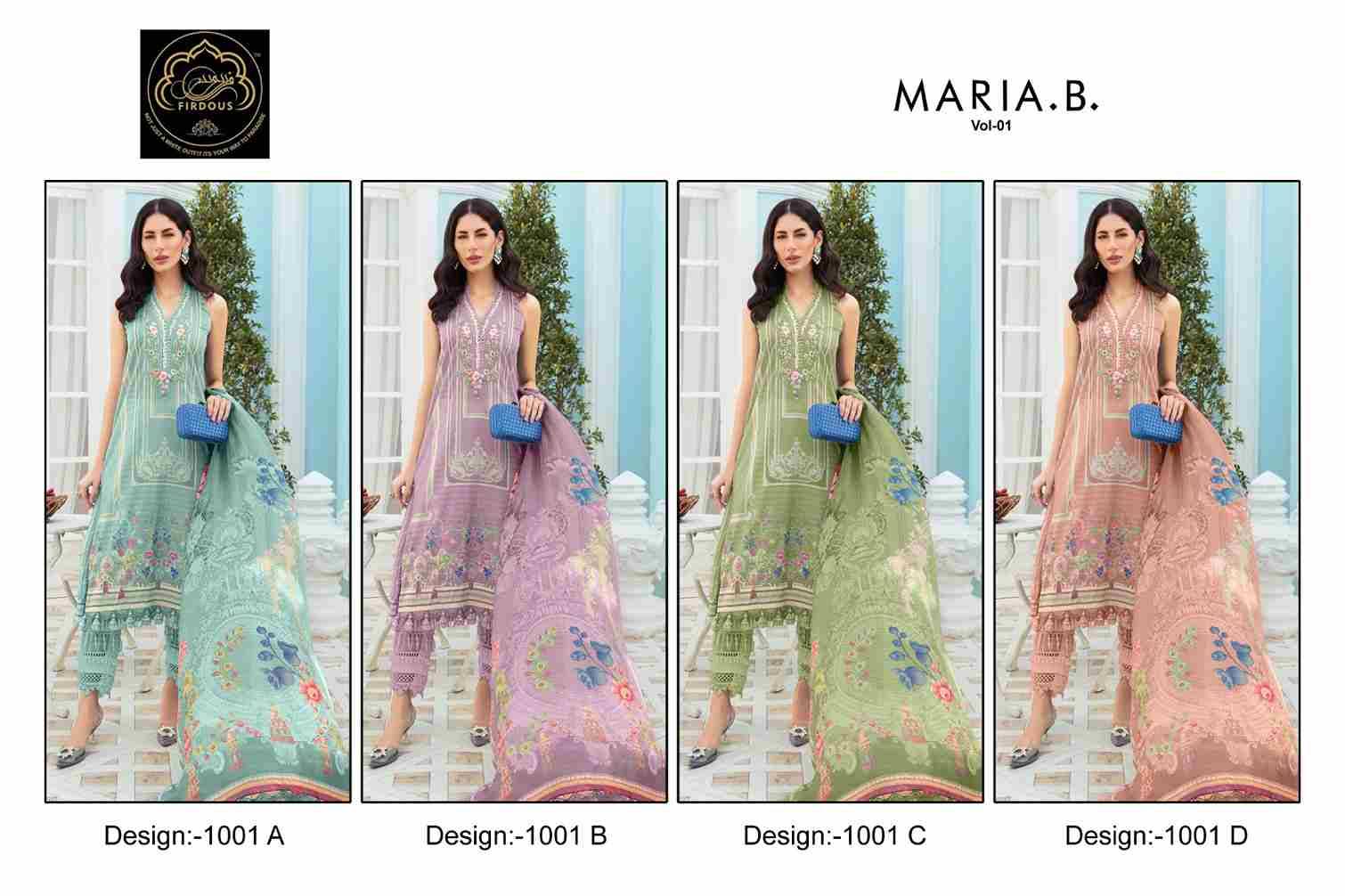 Maria.B. Vol-1 By Firdous 1001-A To 1001-D Series Beautiful Festive Suits Colorful Stylish Fancy Casual Wear & Ethnic Wear Pure Cotton Embroidered Dresses At Wholesale Price