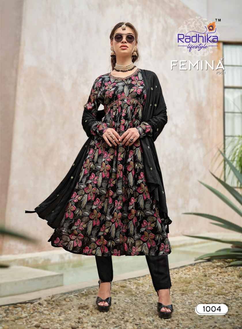 Femina Vol-1 By Radhika Lifestyle 1001 To 1006 Series Beautiful Stylish Festive Suits Fancy Colorful Casual Wear & Ethnic Wear & Ready To Wear Pure Chinnon Print Dresses At Wholesale Price