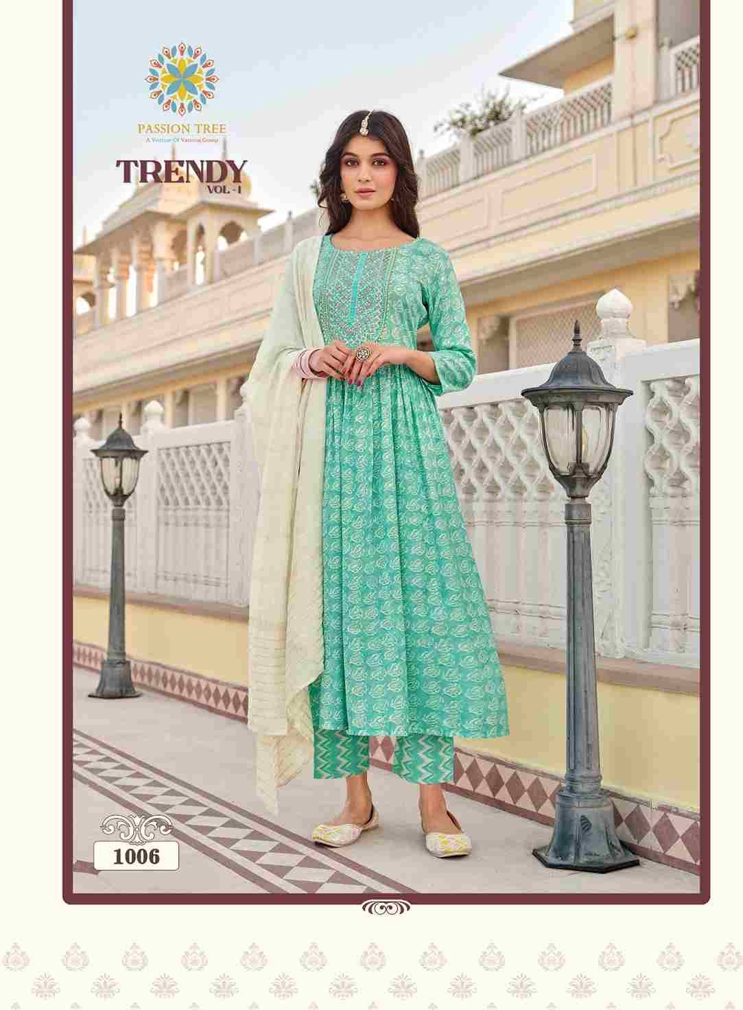Trendy Vol-1 By Passion Tree 1001 To 1007 Series Beautiful Stylish Festive Suits Fancy Colorful Casual Wear & Ethnic Wear & Ready To Wear Capsule Print Dresses At Wholesale Price