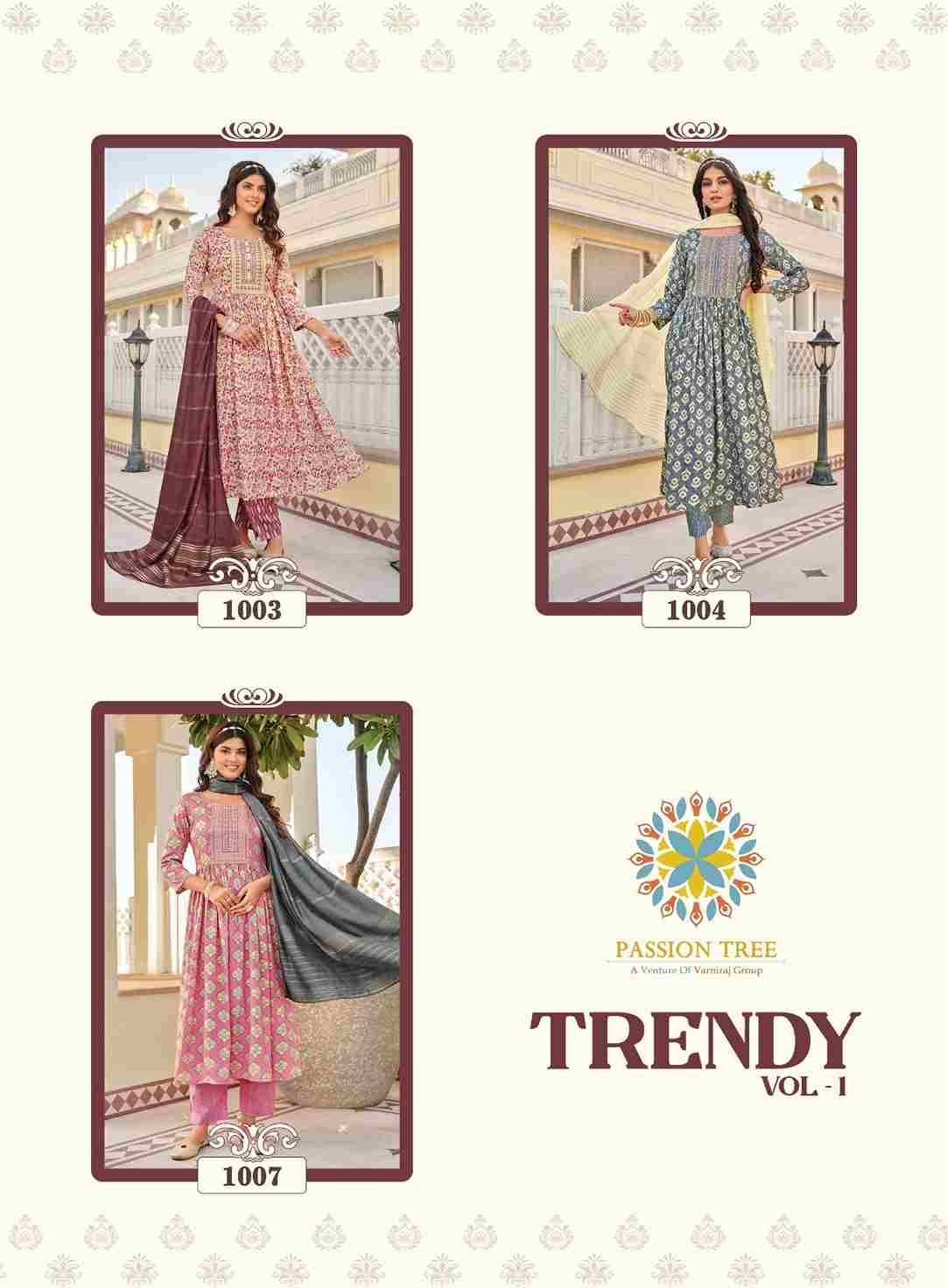 Trendy Vol-1 By Passion Tree 1001 To 1007 Series Beautiful Stylish Festive Suits Fancy Colorful Casual Wear & Ethnic Wear & Ready To Wear Capsule Print Dresses At Wholesale Price