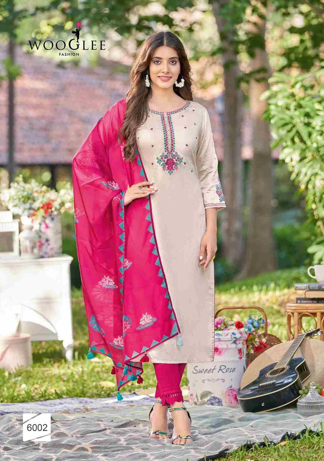 Kamakshi By Wooglee 6001 To 6006 Series Beautiful Stylish Festive Suits Fancy Colorful Casual Wear & Ethnic Wear & Ready To Wear Viscose Embroidered Dresses At Wholesale Price