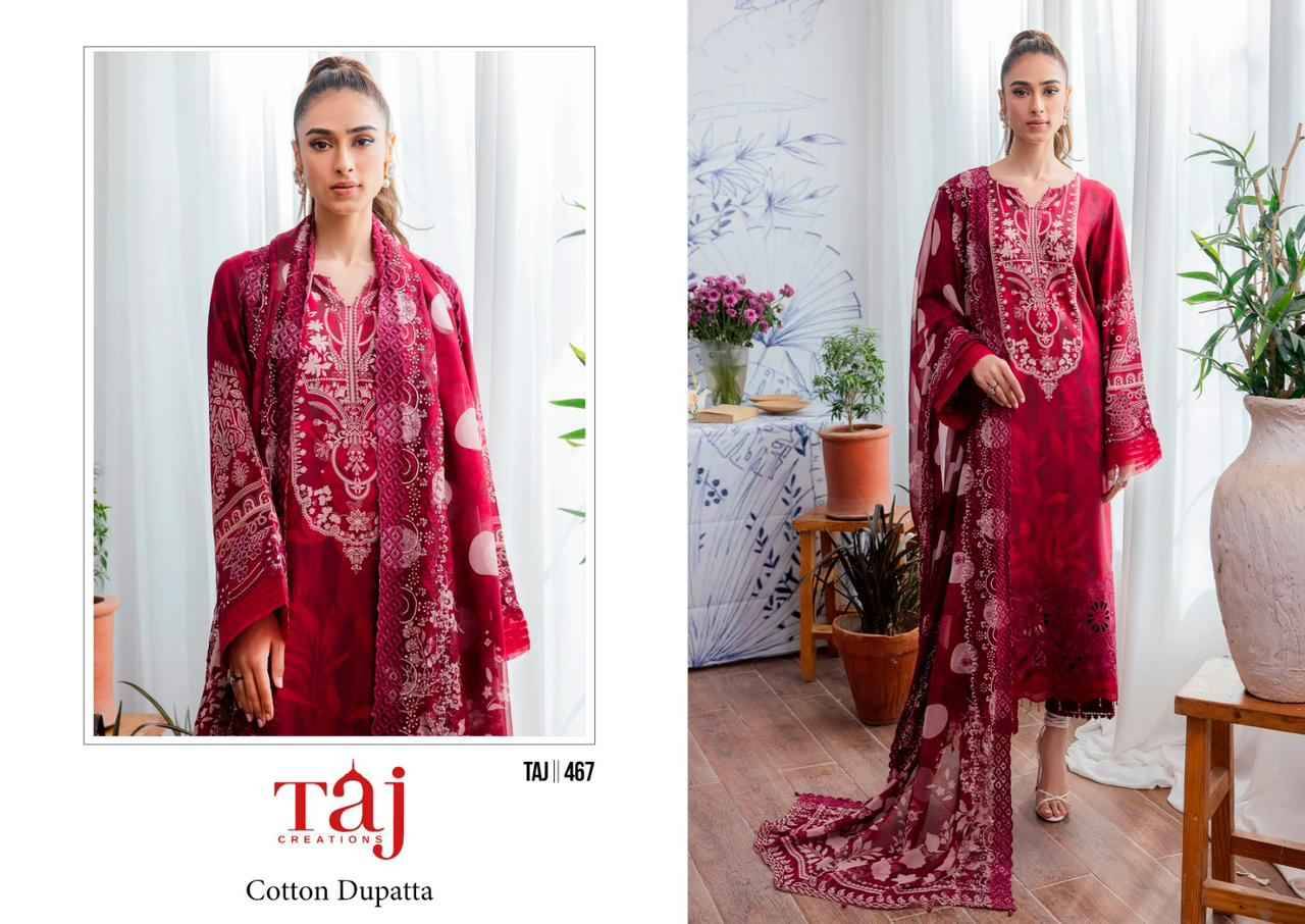 Taj 467 Series By Taj Creation 467 To 468 Series Beautiful Festive Suits Colorful Stylish Fancy Casual Wear & Ethnic Wear Pure Cotton Embroidered Dresses At Wholesale Price