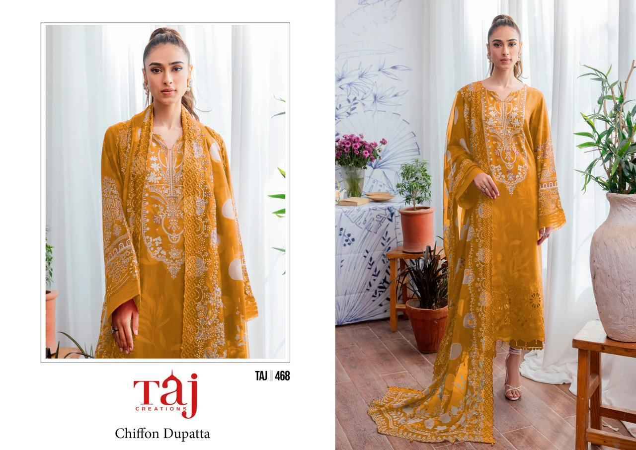 Taj 467 Series By Taj Creation 467 To 468 Series Beautiful Festive Suits Colorful Stylish Fancy Casual Wear & Ethnic Wear Pure Cotton Embroidered Dresses At Wholesale Price