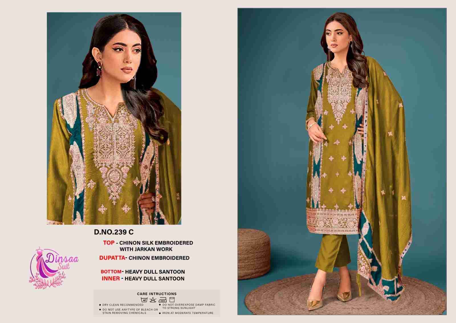 Dinsaa Hit Design 239 Colours By Dinsaa Suits 239-A To 239-C Series Designer Pakistani Suits Beautiful Stylish Fancy Colorful Party Wear & Occasional Wear Chinnon Silk Dresses At Wholesale Price
