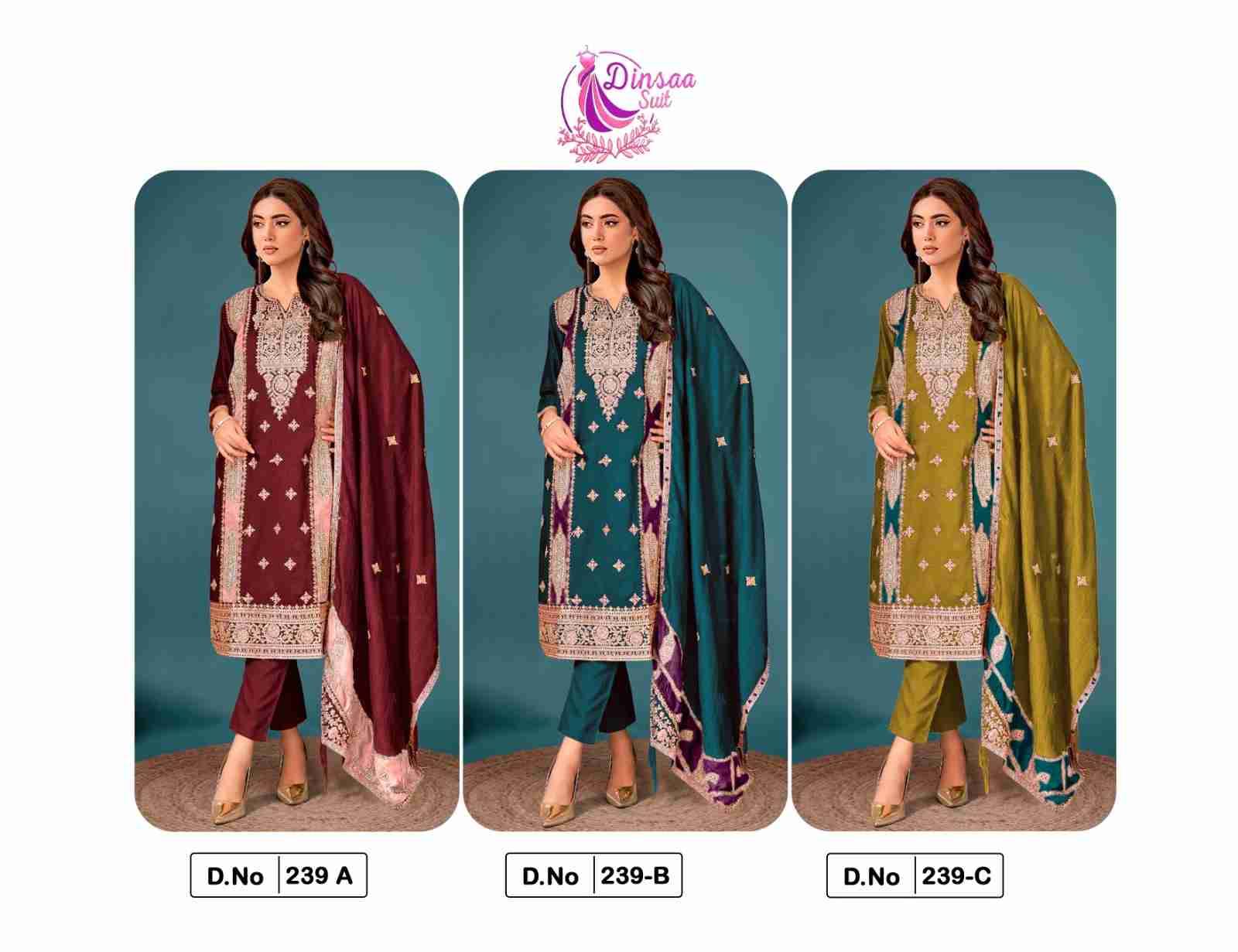 Dinsaa Hit Design 239 Colours By Dinsaa Suits 239-A To 239-C Series Designer Pakistani Suits Beautiful Stylish Fancy Colorful Party Wear & Occasional Wear Chinnon Silk Dresses At Wholesale Price