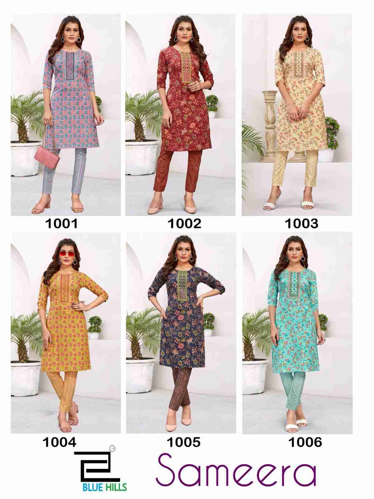 Sameera By Blue Hills 1001 To 1006 Series Designer Stylish Fancy Colorful Beautiful Party Wear & Ethnic Wear Collection Cambric Cotton Kurtis With Bottom At Wholesale Price