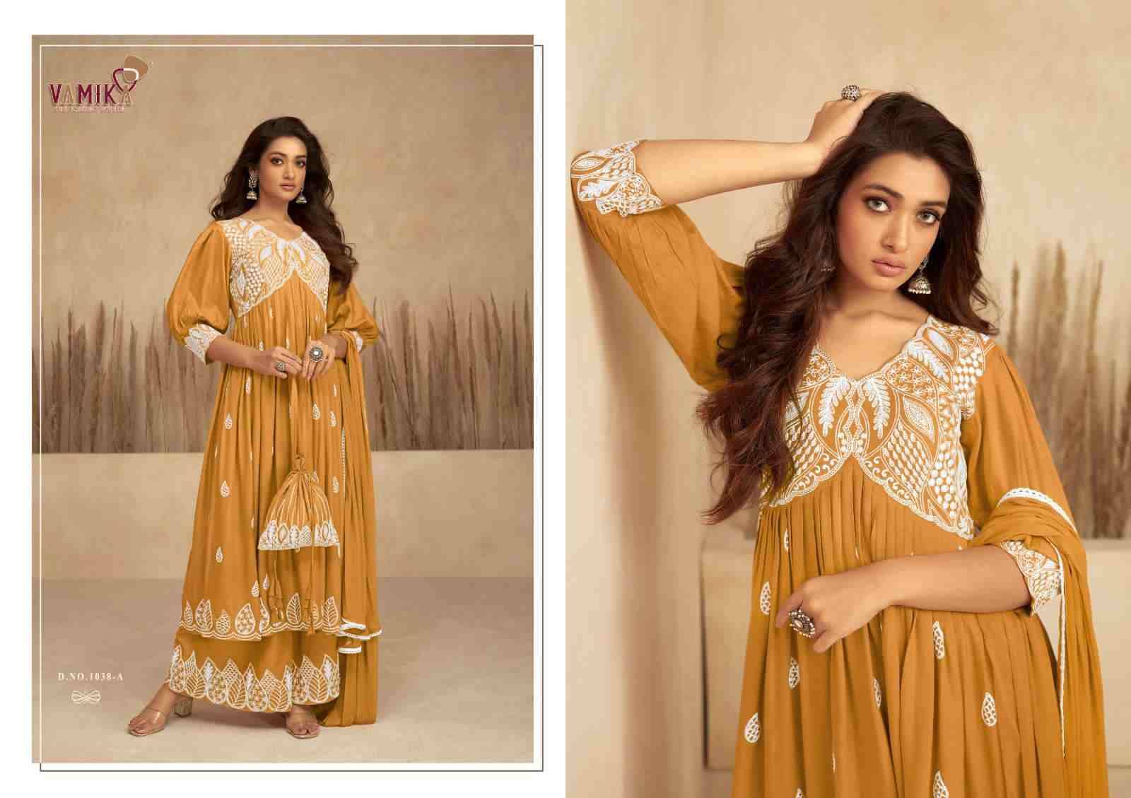 Lakhnavi Vol-7 Gold By Vamika 1038-A To 1038-E Series Beautiful Stylish Sharara Suits Fancy Colorful Casual Wear & Ethnic Wear & Ready To Wear Pure Rayon Printed Dresses At Wholesale Price