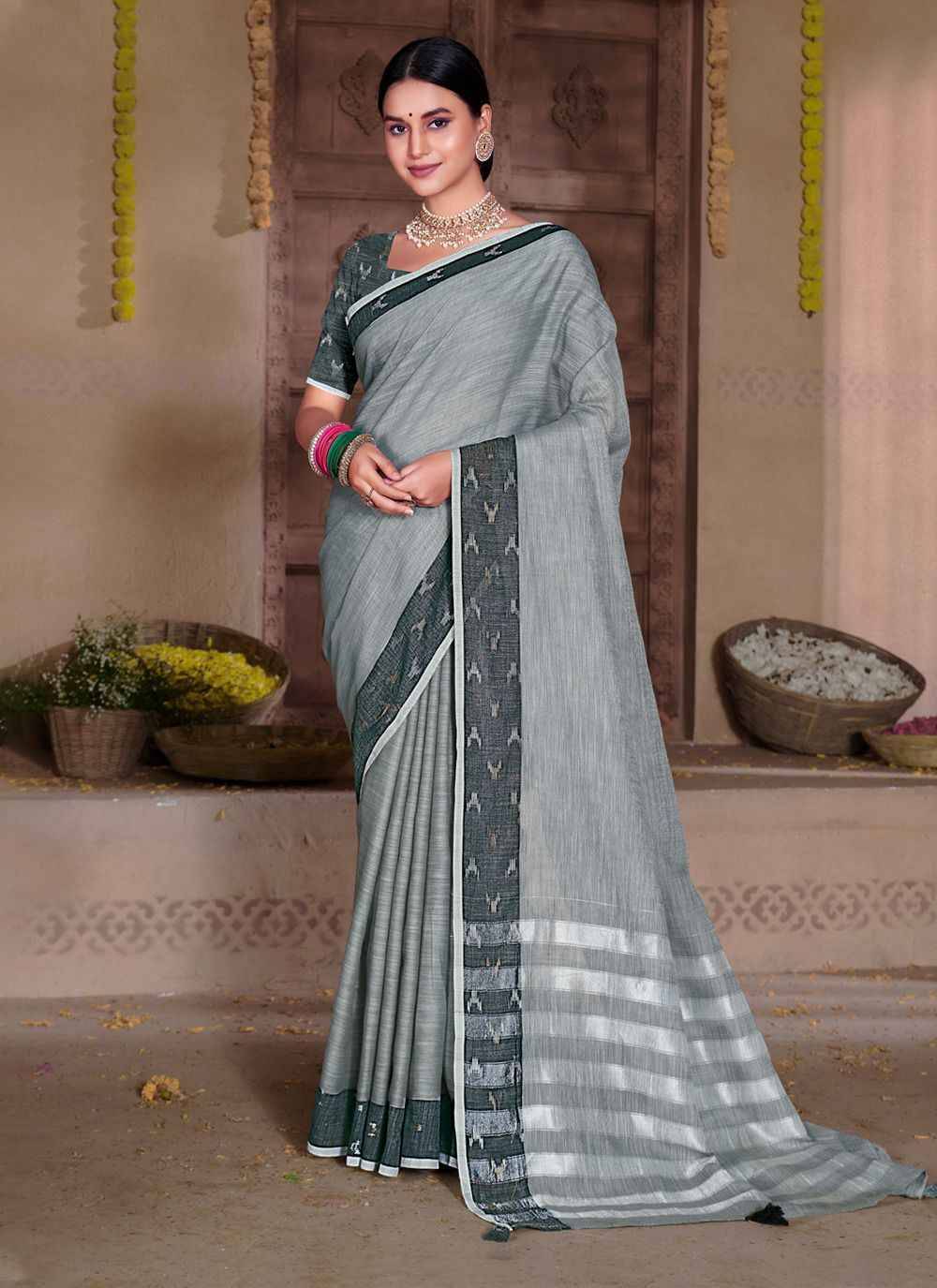 Aarushi Vol-2 By Bunawat 1001 To 1006 Series Indian Traditional Wear Collection Beautiful Stylish Fancy Colorful Party Wear & Occasional Wear Linen Sarees At Wholesale Price