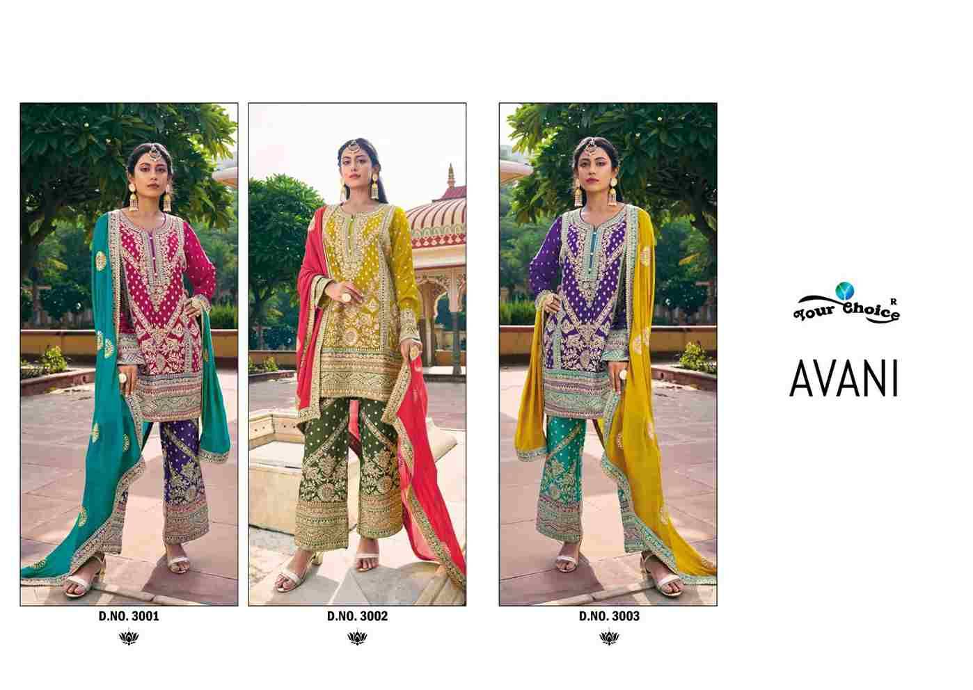 Avani By Your Choice 3001 To 3003 Series Beautiful Festive Suits Colorful Stylish Fancy Casual Wear & Ethnic Wear Premium Chinnon Embroidered Dresses At Wholesale Price