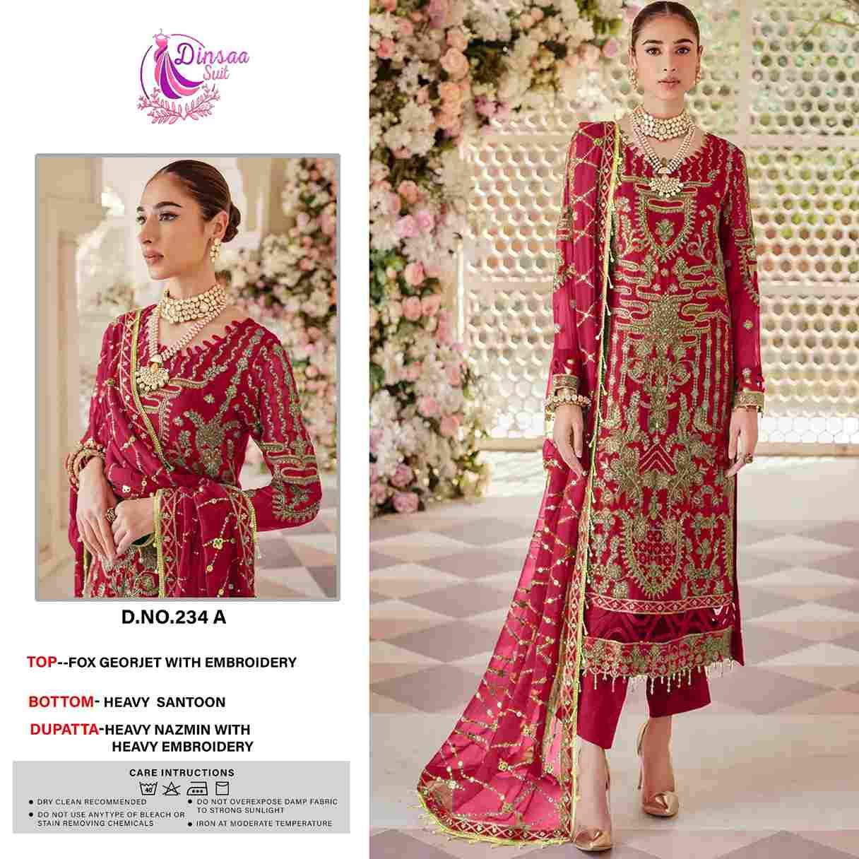Dinsaa Hit Design 234 Colours By Dinsaa Suits 234-A To 234-D Series Designer Pakistani Suits Beautiful Stylish Fancy Colorful Party Wear & Occasional Wear Faux Georgette Dresses At Wholesale Price