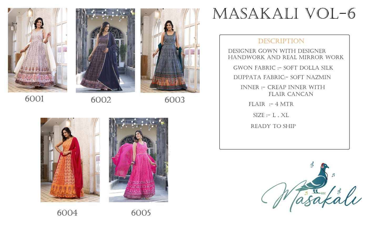 Masakali Vol-6 By Masakali 6001 To 6005 Series Beautiful Stylish Fancy Colorful Casual Wear & Ethnic Wear Soft Dola Silk Gowns With Dupatta At Wholesale Price