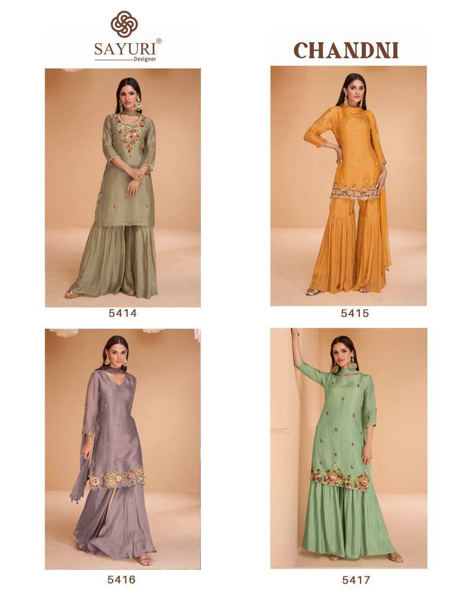 Chandni By Sayuri 5414 To 5417 Series Beautiful Sharara Suits Colorful Stylish Fancy Casual Wear & Ethnic Wear Organza Silk Dresses At Wholesale Price